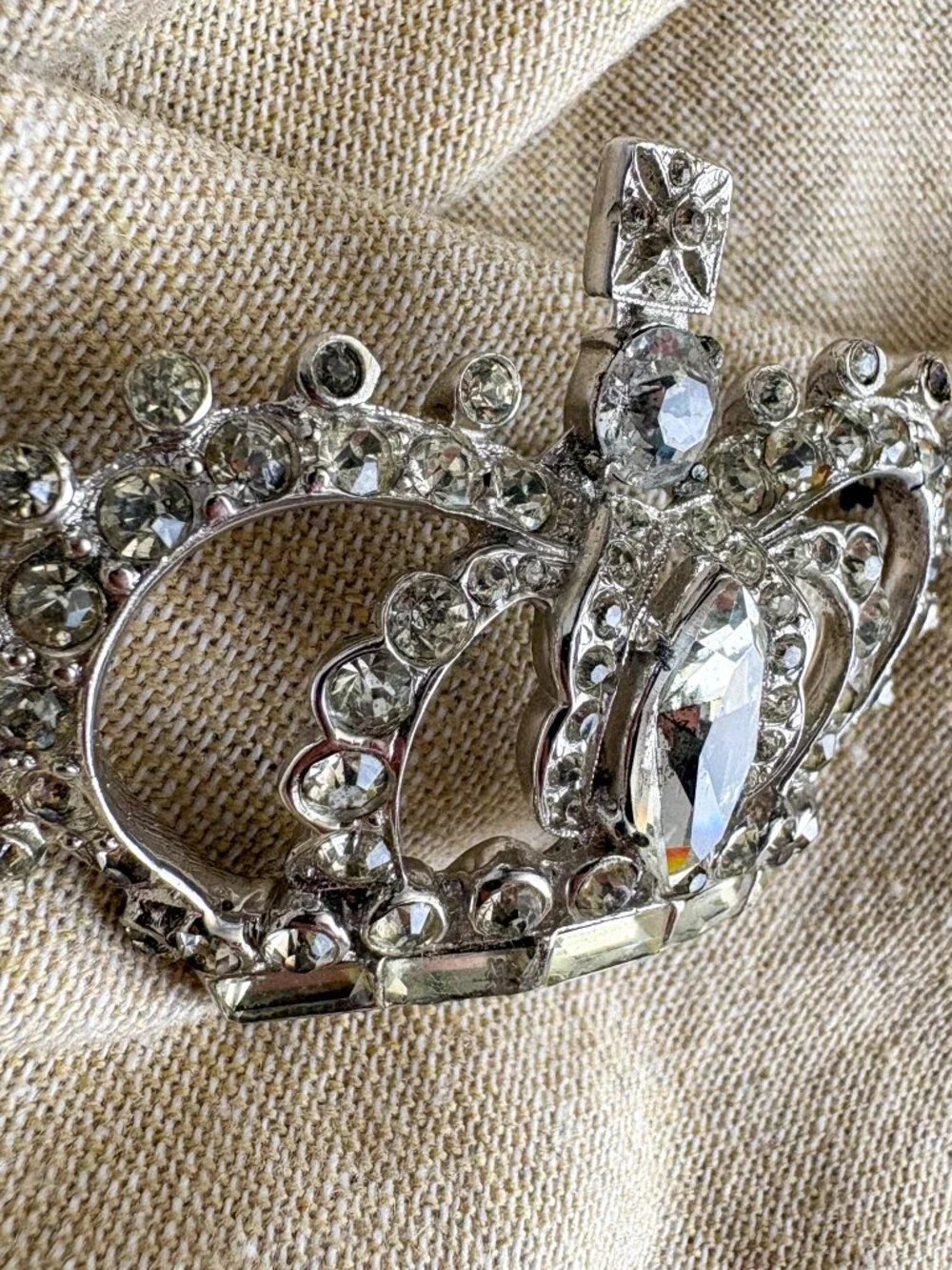 CoroCraft Sterling Crown Brooch - Pegasus Mark, Clear Rhinestones - 1940s Vintag